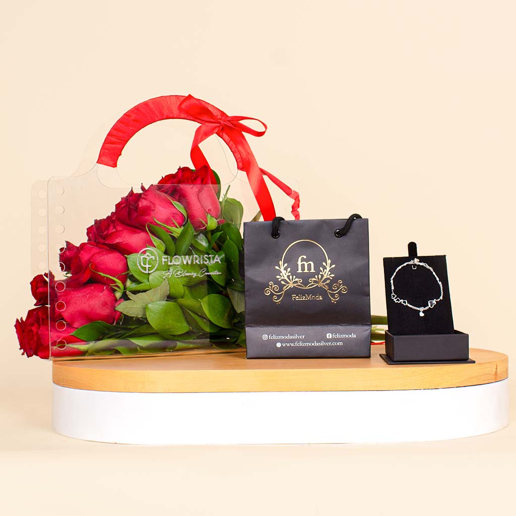product-image-Felizmoda Silver bracelet with black heart And Red Roses Bag