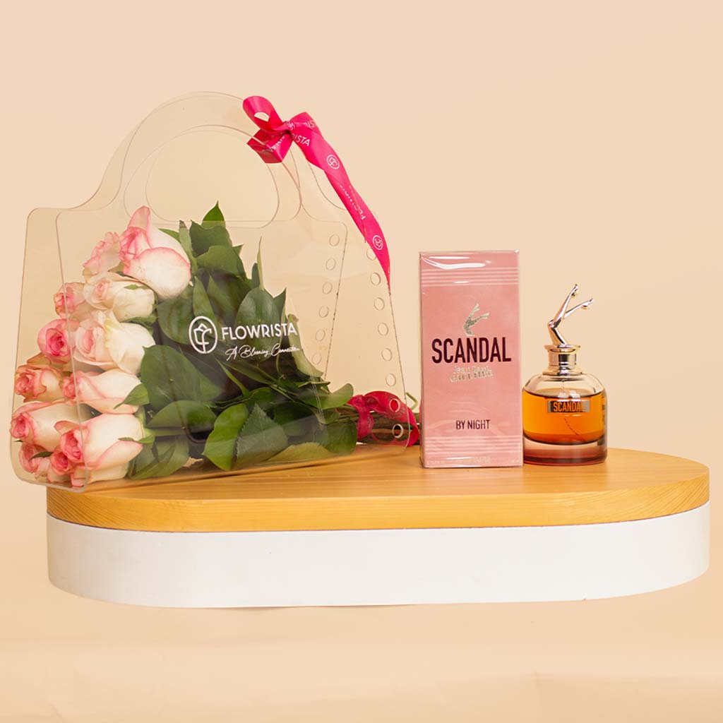 Flowrista Online Flowers Shop Scandal Perfume by night | Pink Roses Bag