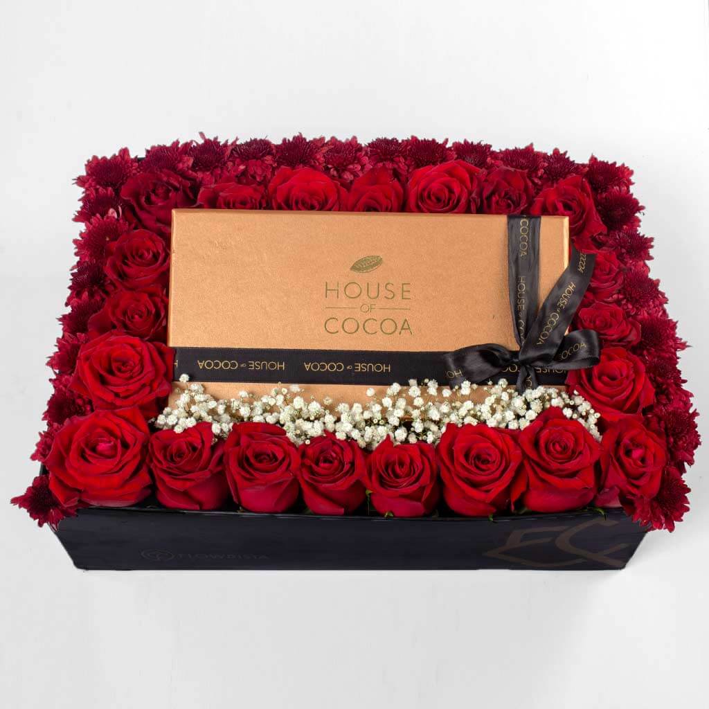 Flowrista Online Flowers Shop House of Cocoa Chocolate Box 32 pieces and 21 red roses