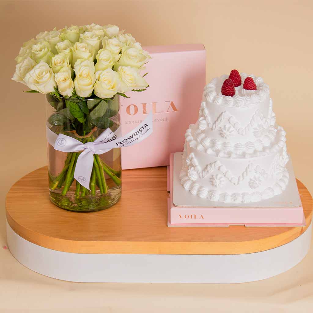 product-image-Voila Red Velvet Cake with Vase of 25 White Roses