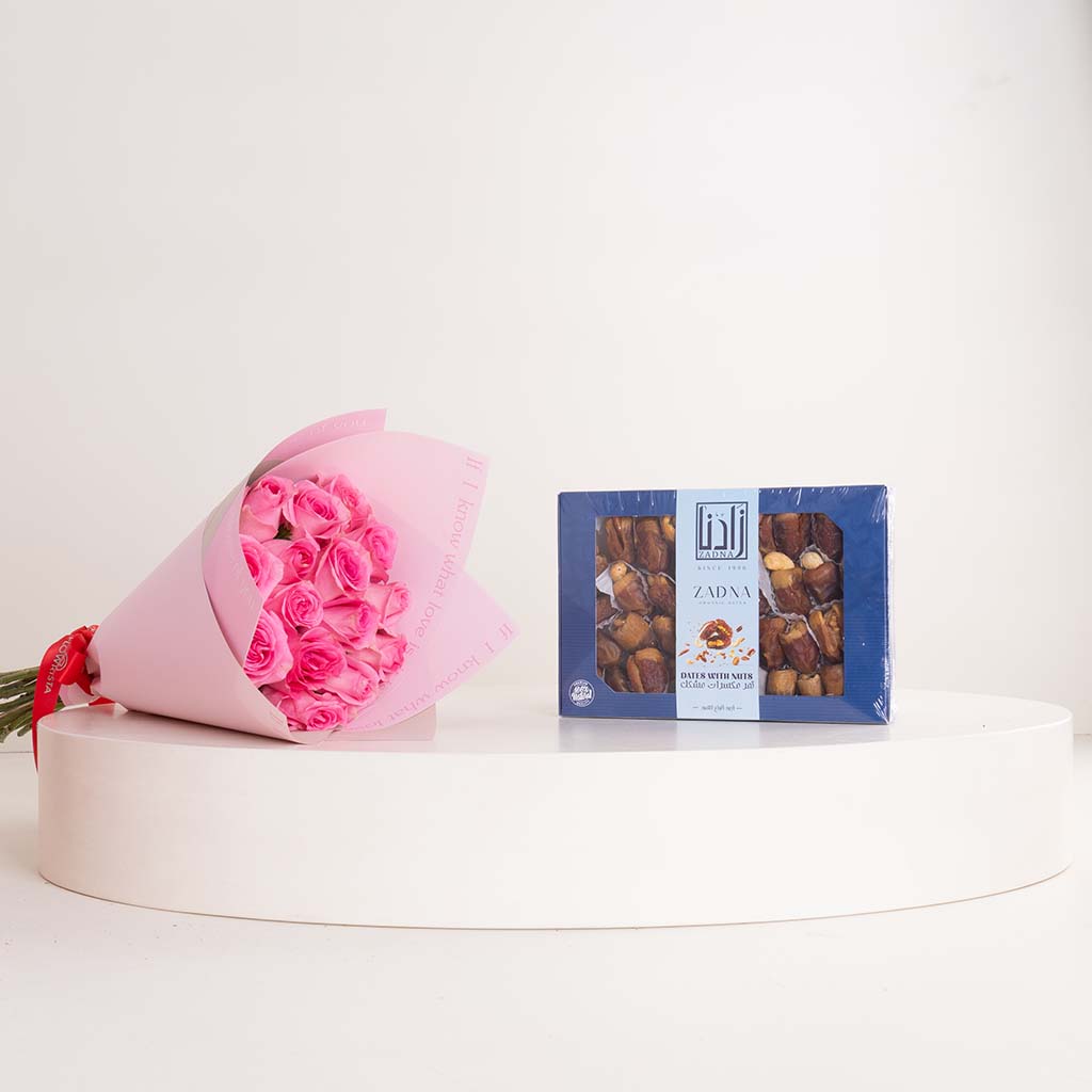 product-image-زادنا من التمر بالمكسرات وباقة الورود الوردية