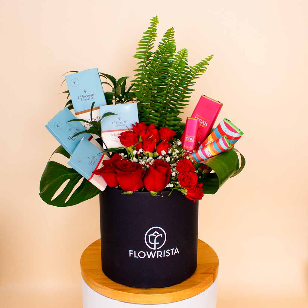 product-image-Flowrista | Chocolate Factory Bars & Red Roses Box