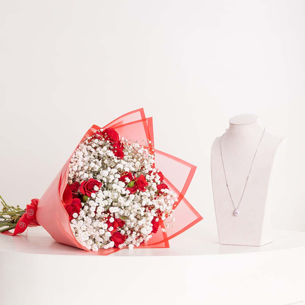 Flowrista Online Flowers Shop Markiz Silver Platinum-Plated Pink Zircon Necklace & Baby Roses & Gypsophila Bouquet