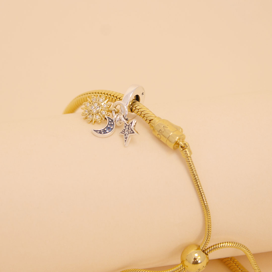 product-image-Pandora Gold-Plated Sliding Bracelet with Celestial Triple Dangle Charm