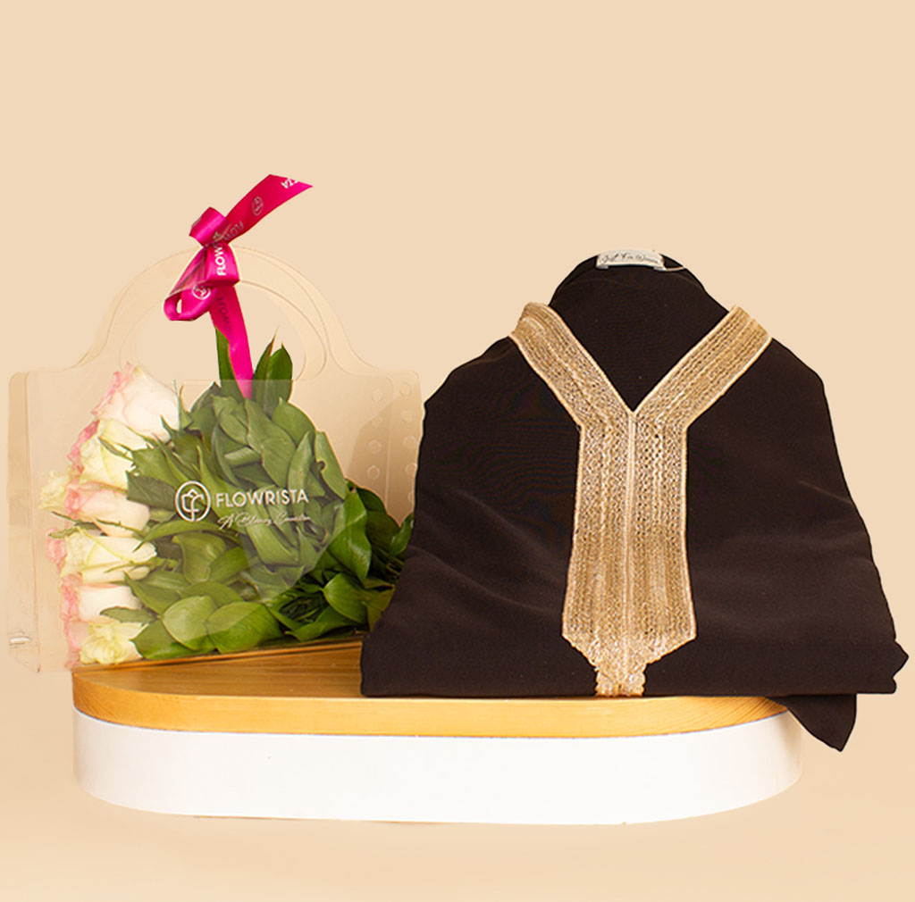 Flowrista Online Flowers Shop Abaya Black 2064 and Pink Bag