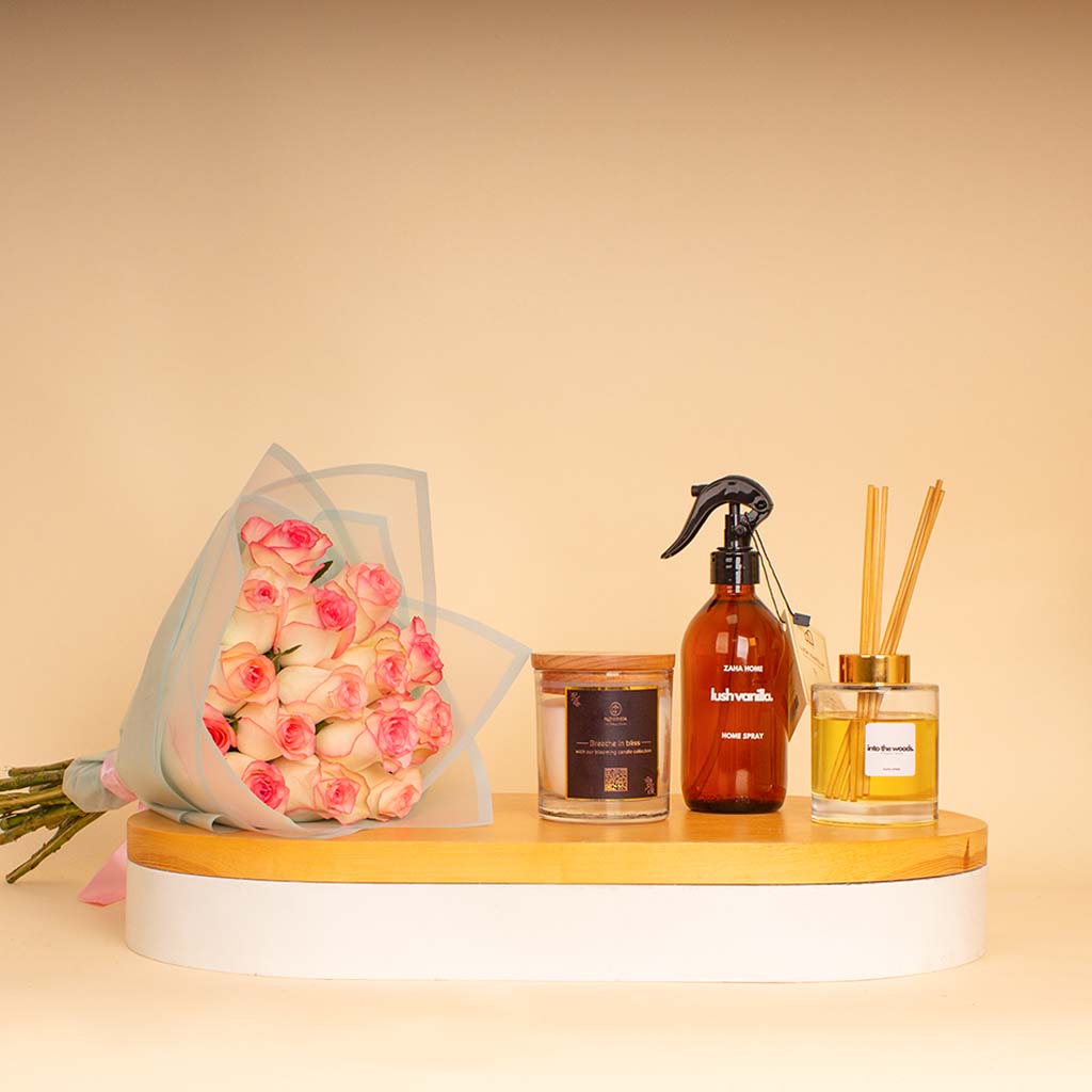 Flowrista Online Flowers Shop Zaha Home Glow & Roses Bundle - Lush Vanilla & Into the Woods & Bliss Candle & Pink Roses