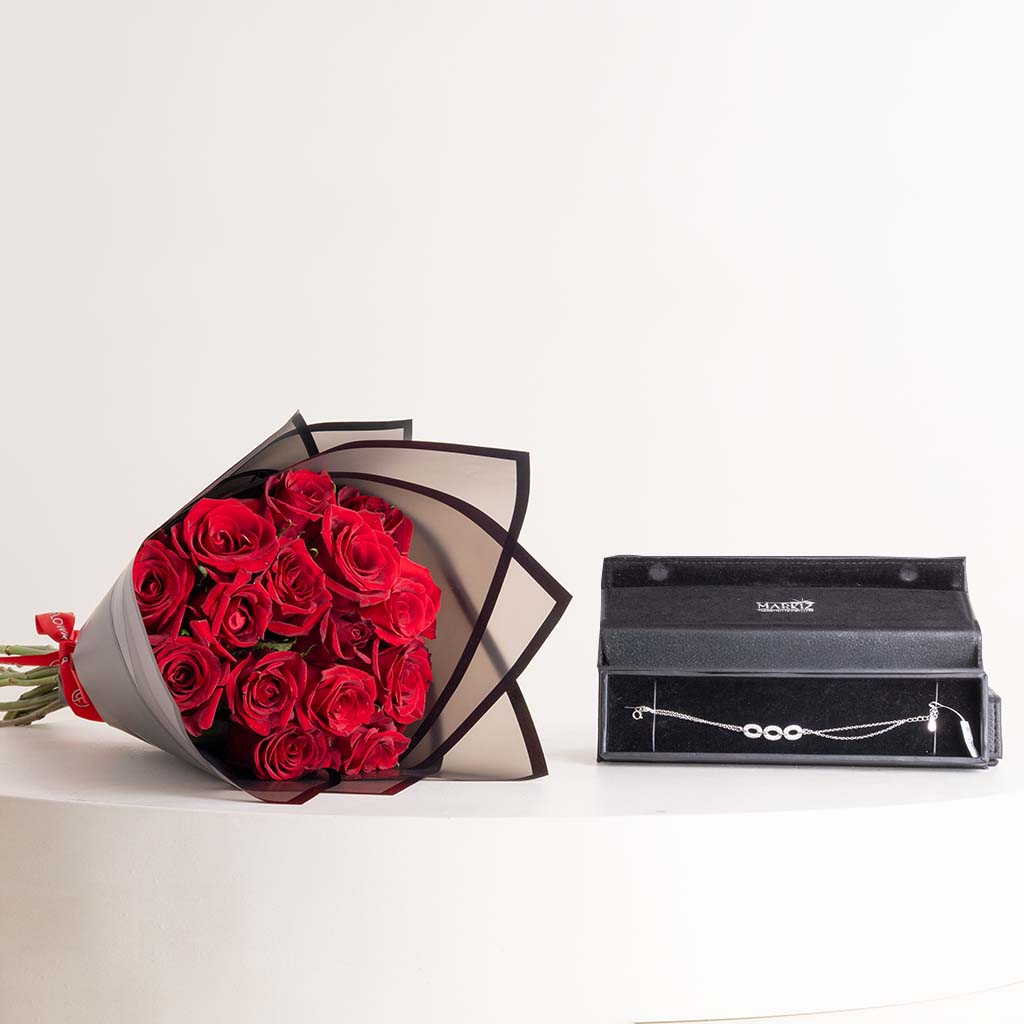 Flowrista Online Flowers Shop سوار ماركيز من الفضة التايلاندية عيار 925 - ثلاث دوائر متشابكة و15 وردة حمراء