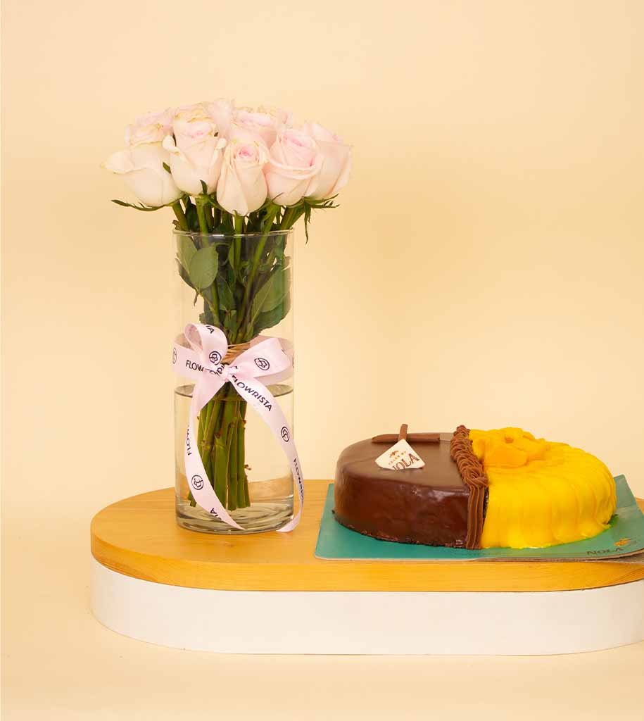 Flowrista Online Flowers Shop Half & Half Mango–Chocolate Cake & Pink Roses Vase