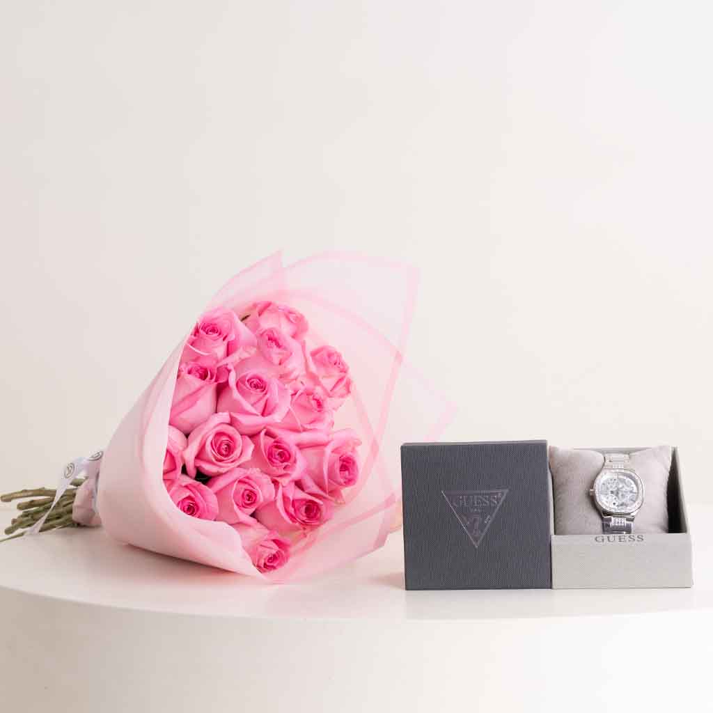 Flowrista Online Flowers Shop GUESS Ladies Silver Tone Square Watch & Revival Roses Bouquet