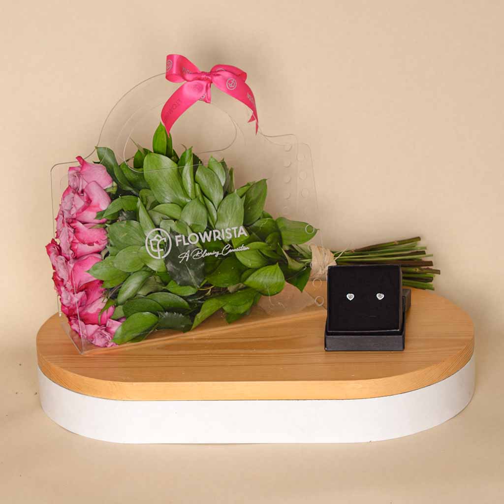 Flowrista Online Flowers Shop Feliz Moda Heart silver earrings with zircon stone And Deep Purble Bag