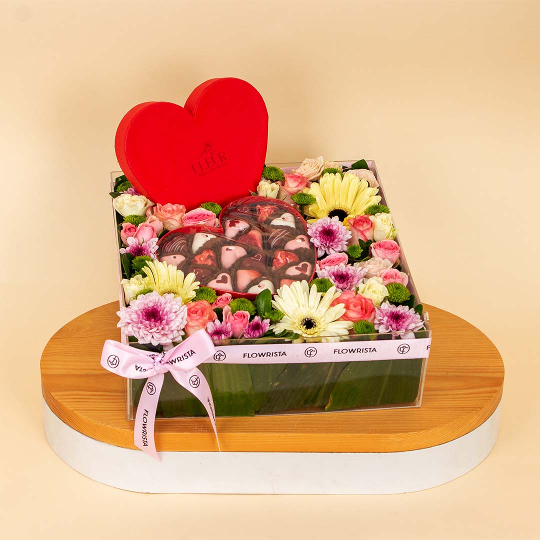 Flowrista Online Flowers Shop علبة فلور للشوكولاتة البلجيكية الفاخرة وصندوق زهور