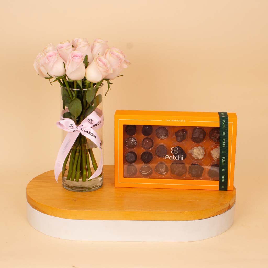product-image-Patchi Les Gourmets 20 pcs & Pink Roses Vase