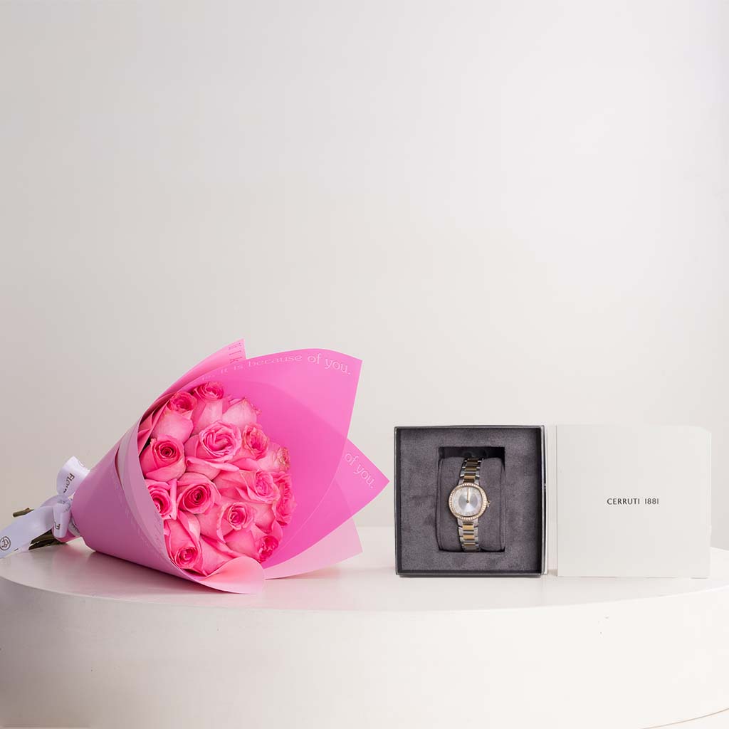 product-image-Cerruti 1881 Bellegra Watch & 15 Revival Roses Hand Bouquet