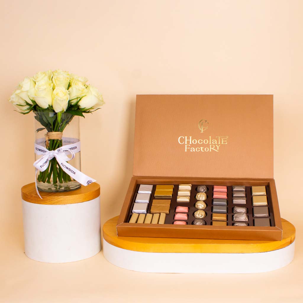 Flowrista Online Flowers Shop Chocolate Factory Luxe Box – 40 Pieces & White Roses Vase