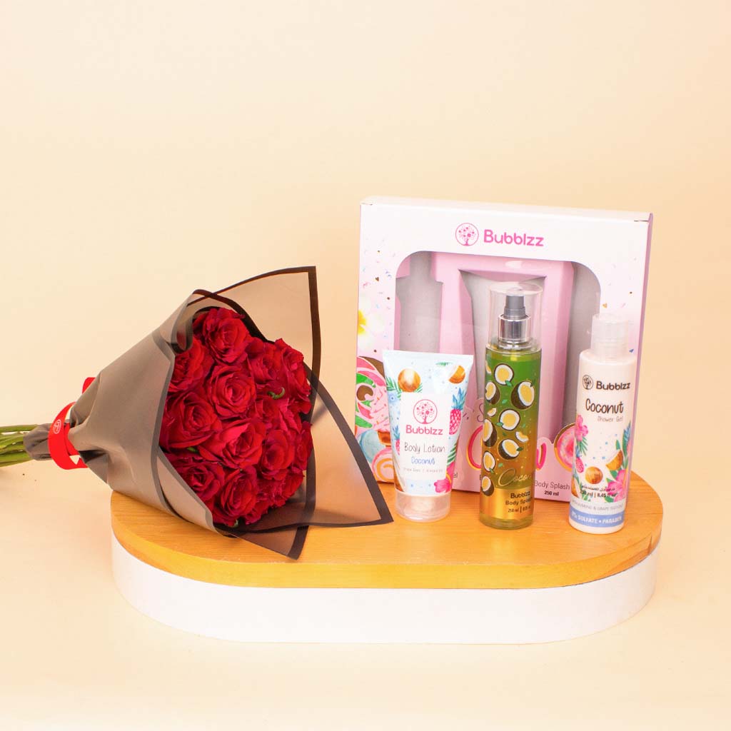 product-image-مجموعة بابلز غلو جوز الهند و باقة ورود حمراء