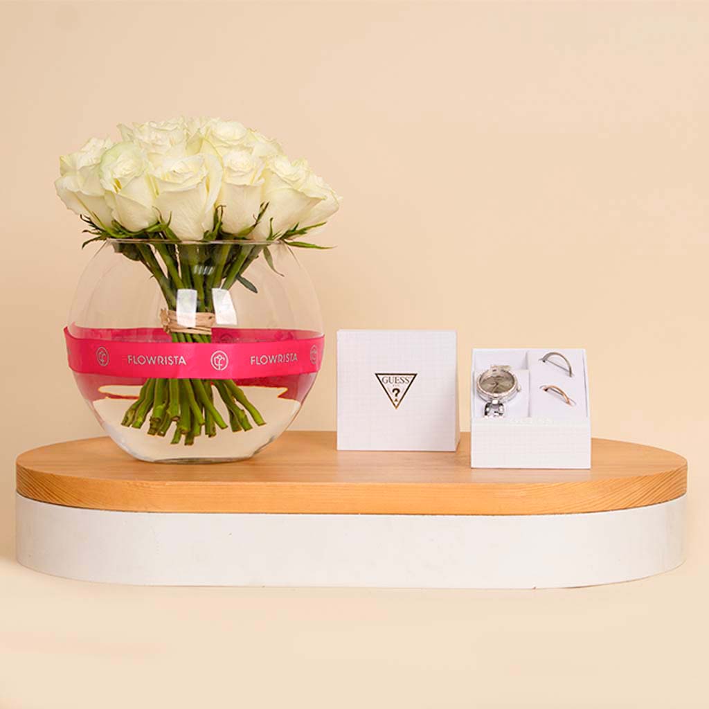 product-image-Guess Stainless Steel Analogue Watch & 20 White Roses Vase