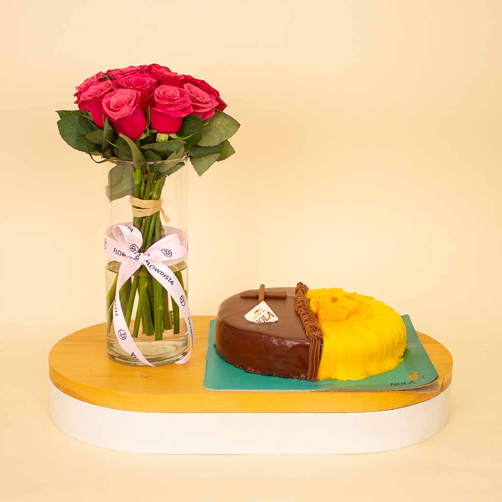 product-image-Half & Half Mango–Chocolate Cake & Fuchsia Roses Vase