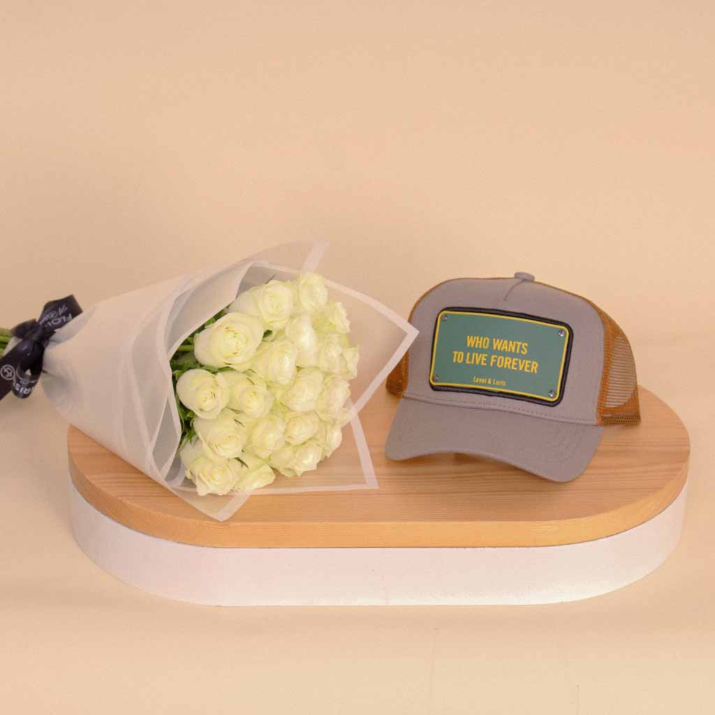 product-image-Levai Loris Who Wants To Live Forever Unisex Cap | White Roses Bouquet