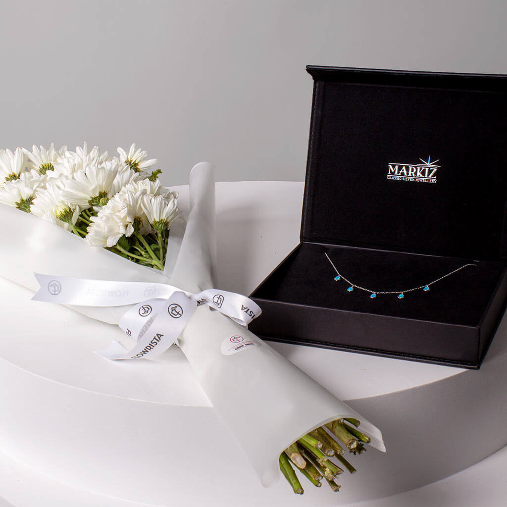 product-image-Markiz Rhodium Opal Necklace & 10 White Chrysanthemum Bouquet