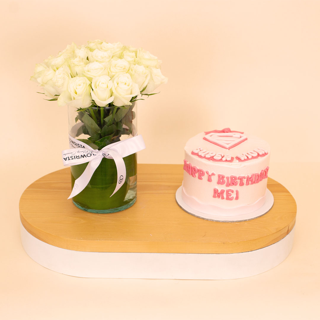 product-image-Ninos Cake “Super Mom” Celebration Cake & 15 White Roses