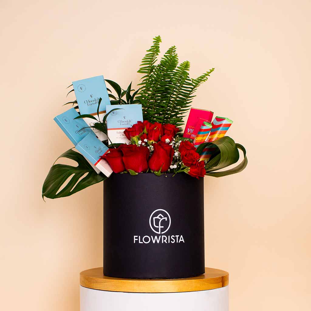 product-image-Flowrista | Chocolate Factory Bars & Red Roses Box