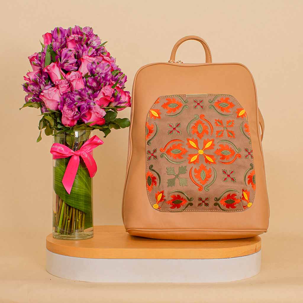 product-image-Pavo Laptop Backpack with Floral Embroideries & Purble Vase