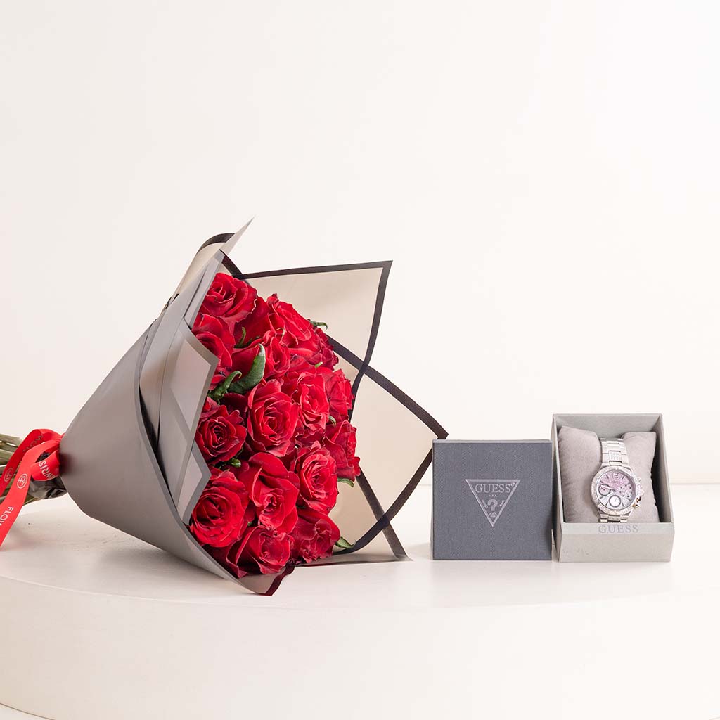 product-image-ساعة جيس النسائية متعددة الوظائف باللون الفضي مع باقة من الورود الحمراء