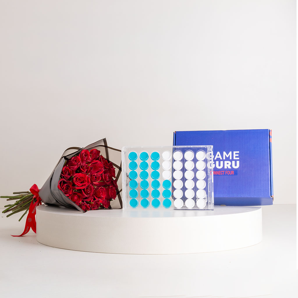 product-image-Game Guru Acrylic Connect Four Turquoise-White & Red Roses Bouquet