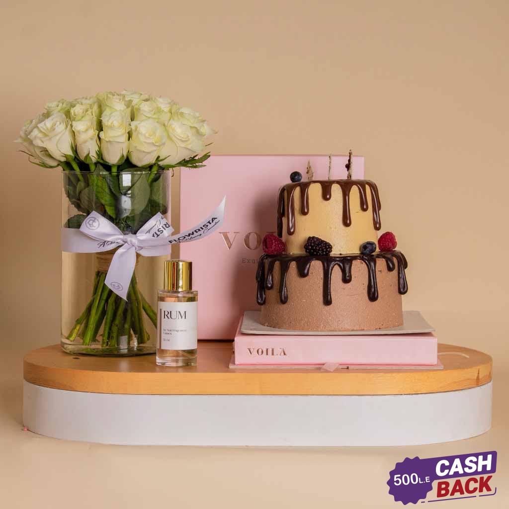 Flowrista Online Flowers Shop Luxury Gift Collection – Voilà Cake, Roses & Nuit Perfume Set