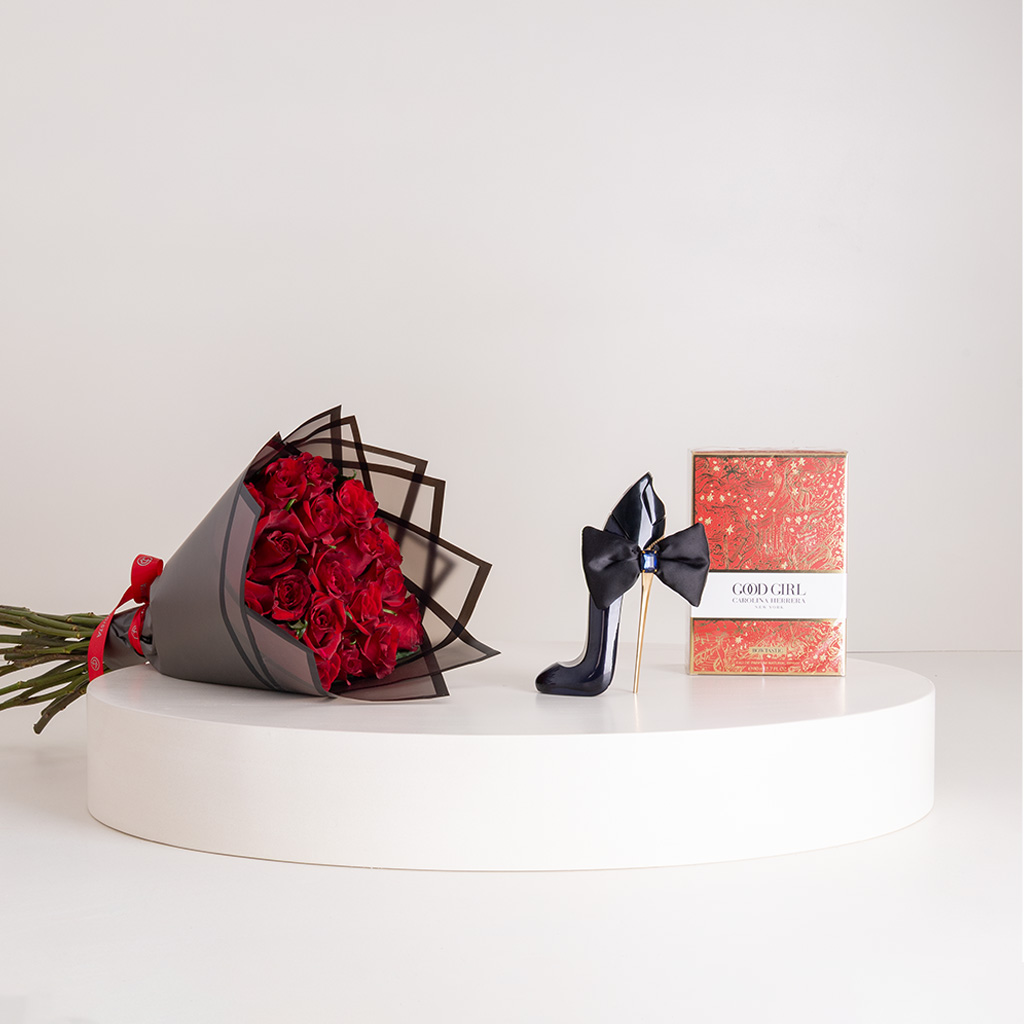 Flowrista Online Flowers Shop Carolina Herrera Good Girl Bowtastic Eau de Parfum 80ml & Red Roses Bouquet