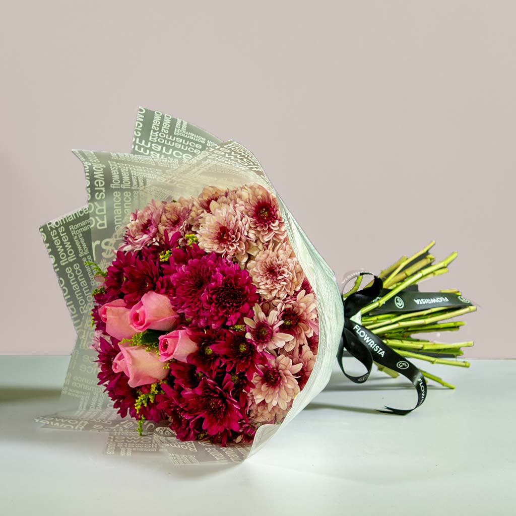 product-image-Hand Bouquet with Purple Chrysanthemums & Pink Roses