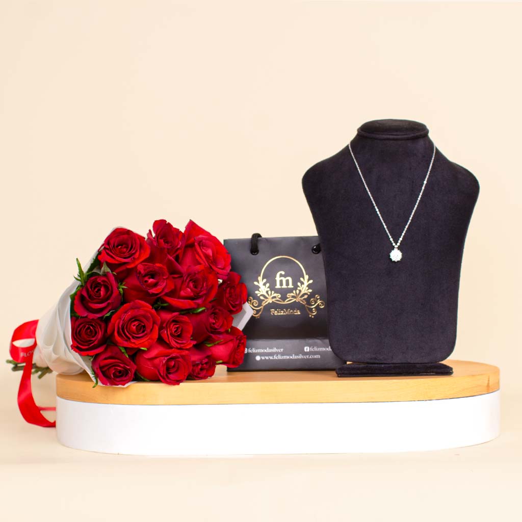 Flowrista Online Flowers Shop قلادة فيليز مودا الفضية و15 وردة حمراء - هدية عيد الحب