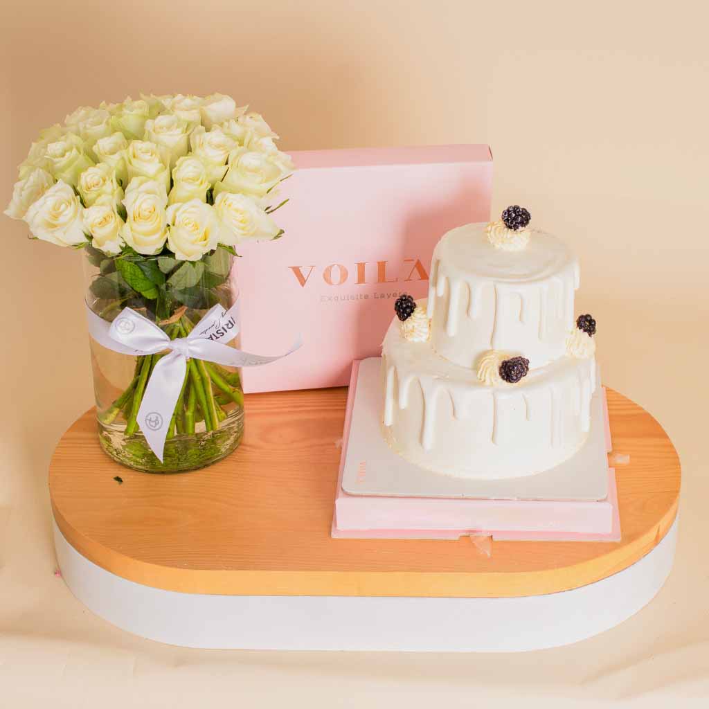 product-image-Voila Victorian Drip Cake & Vase Of 25 White Roses