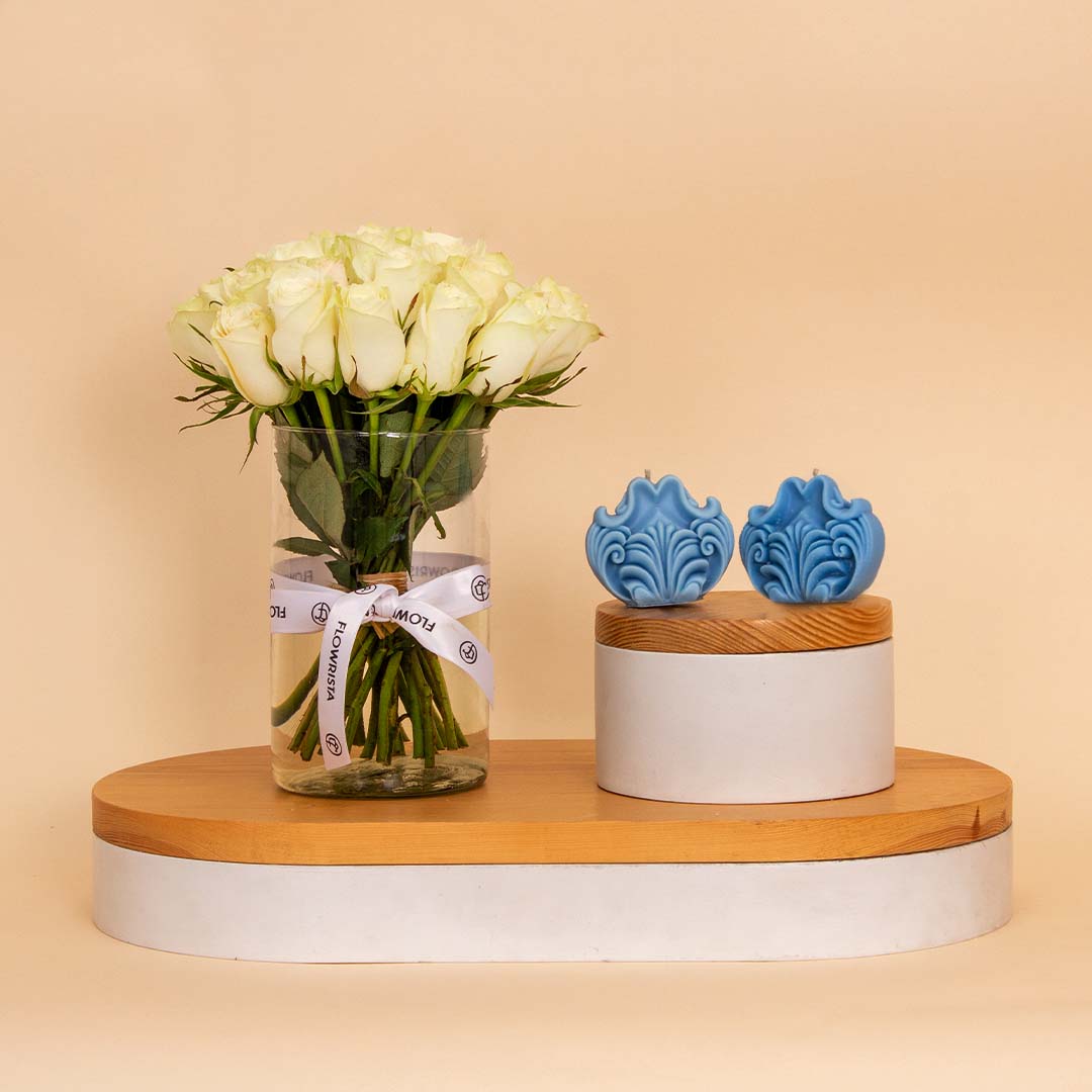 Flowrista Online Flowers Shop Reflame Jasmine Candle & White Roses Vase
