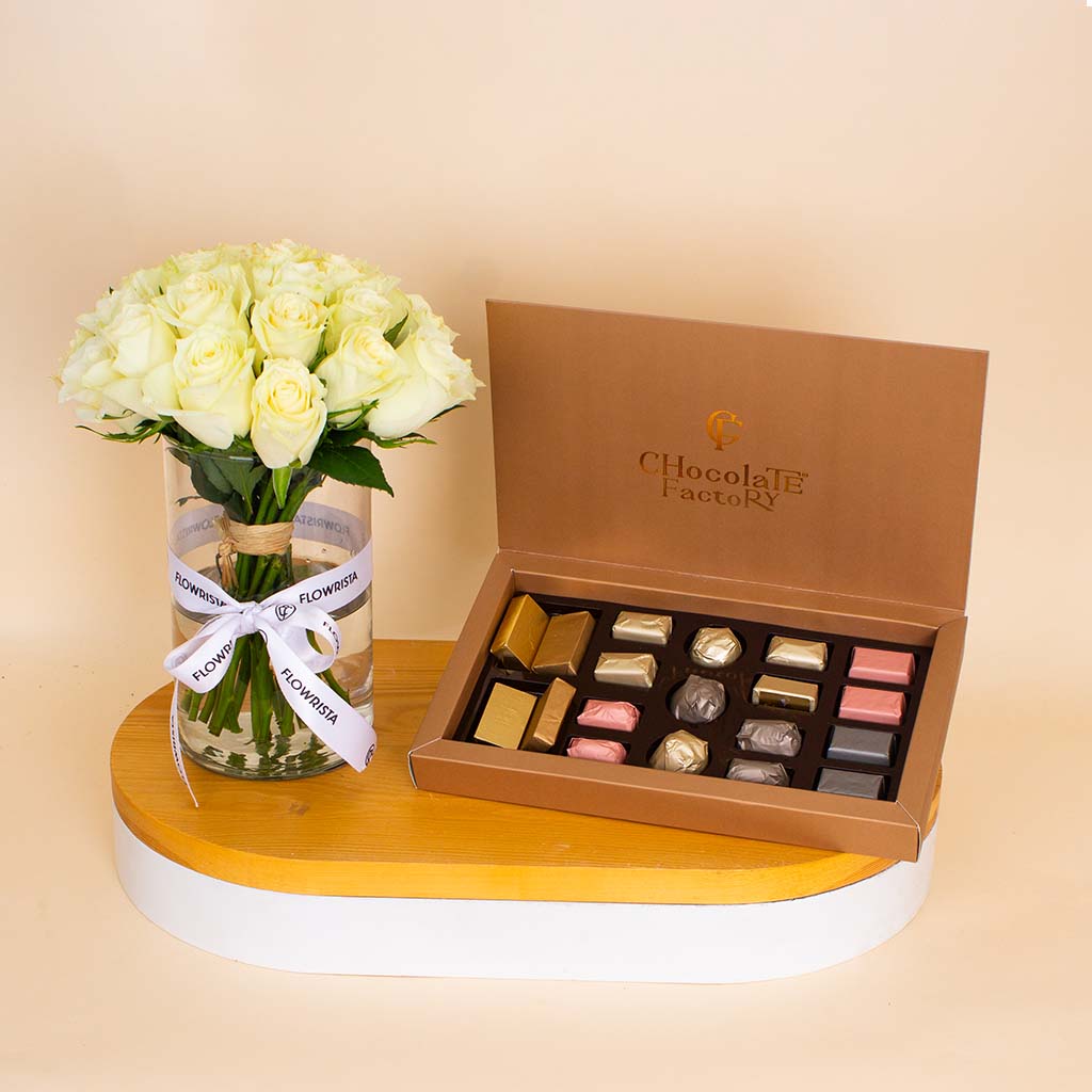 product-image-Chocolate Factory  Luxe Box – 19 Pieces & White Roses Vase