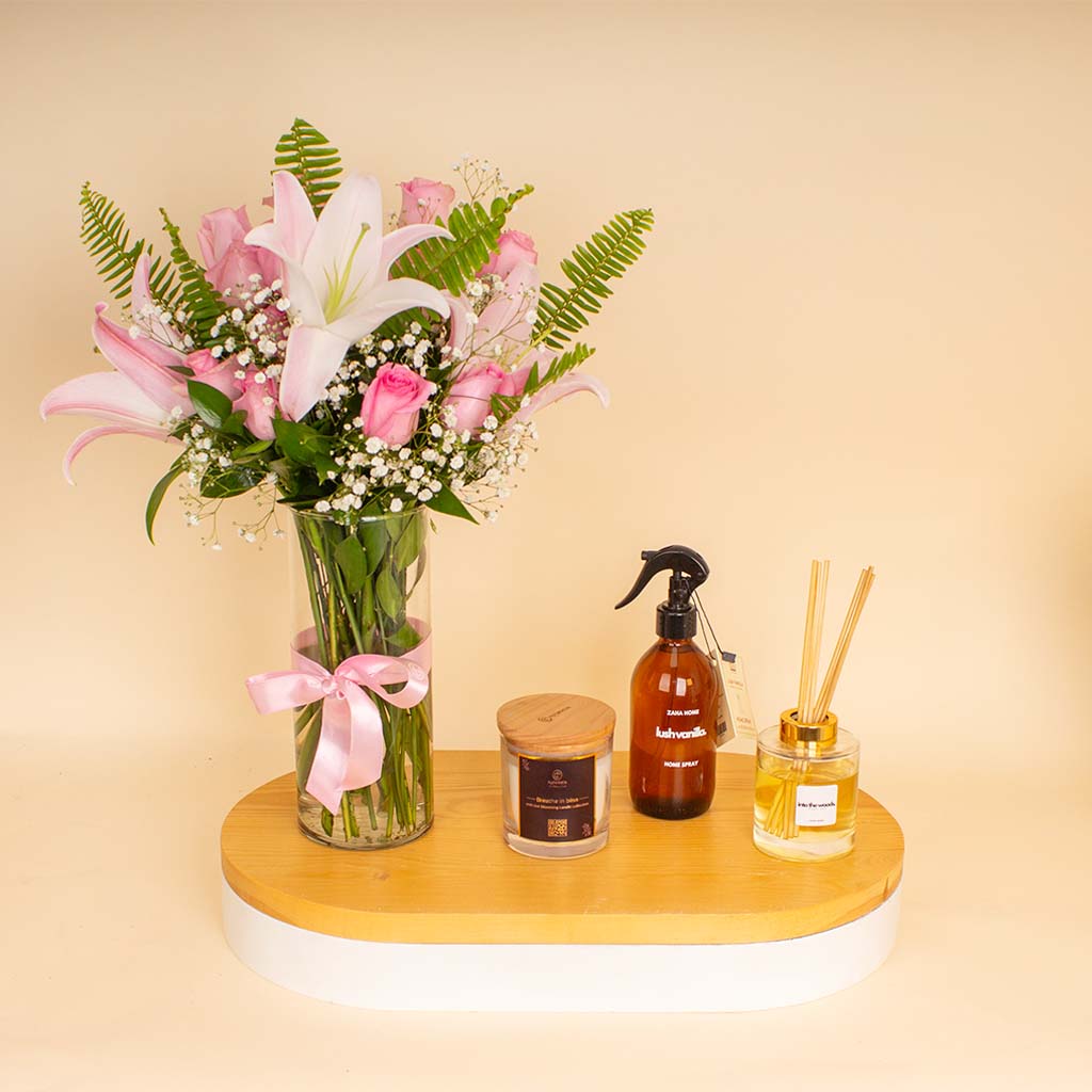product-image-Zaha Home Cozy Glow Bundle - Lush Vanilla Spray & Into the Woods Diffuser & Breathe In Bliss Candle & Lily Roses Vase