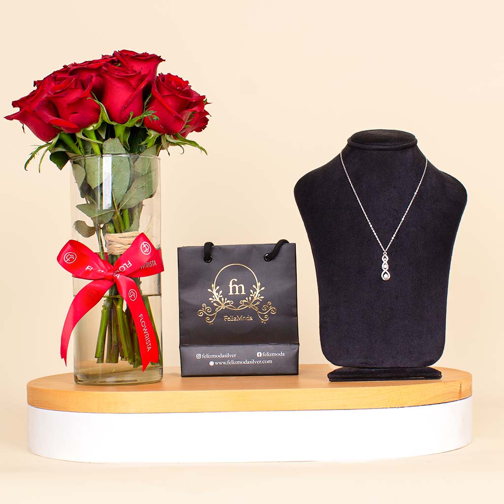 product-image-Feliz Moda three stones silver necklace And Red Roses Vase