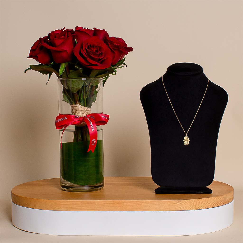 Flowrista Online Flowers Shop Siran 18K Palm shaped Gold Necklace | 15 Red flower vase