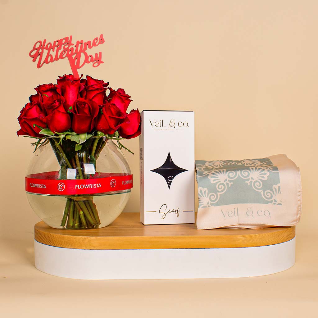 Flowrista Online Flowers Shop Veil & Co Sofia silk hijab || Valentine's Red Vase