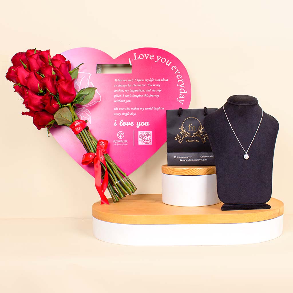 Flowrista Online Flowers Shop Felizmoda Shiny stones round pendant silver necklace And Romnatic Heart 15 Roses 