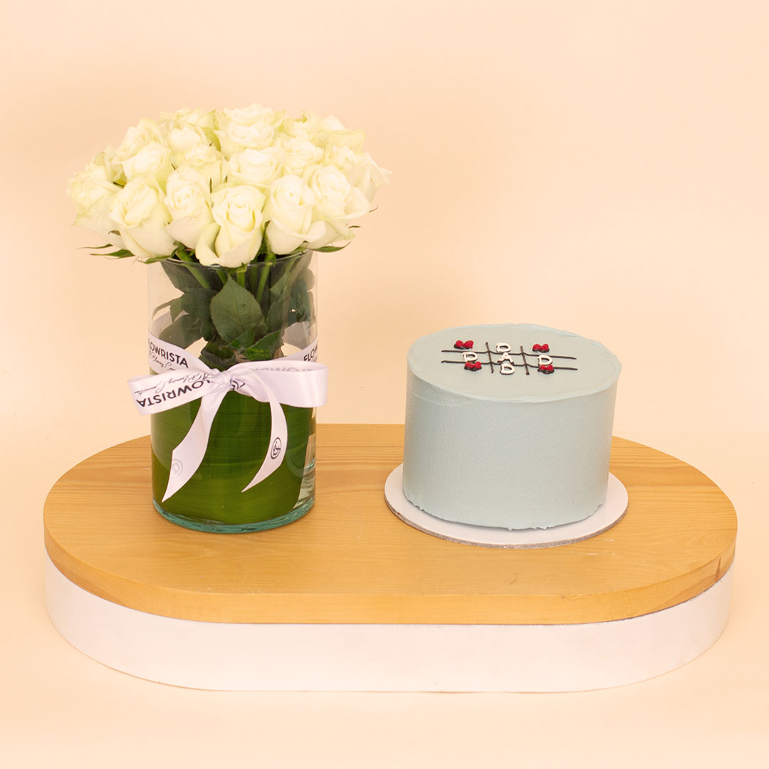 product-image-Ninos Dad Tic-Tac-Toe Cake & 15 White Roses Vase
