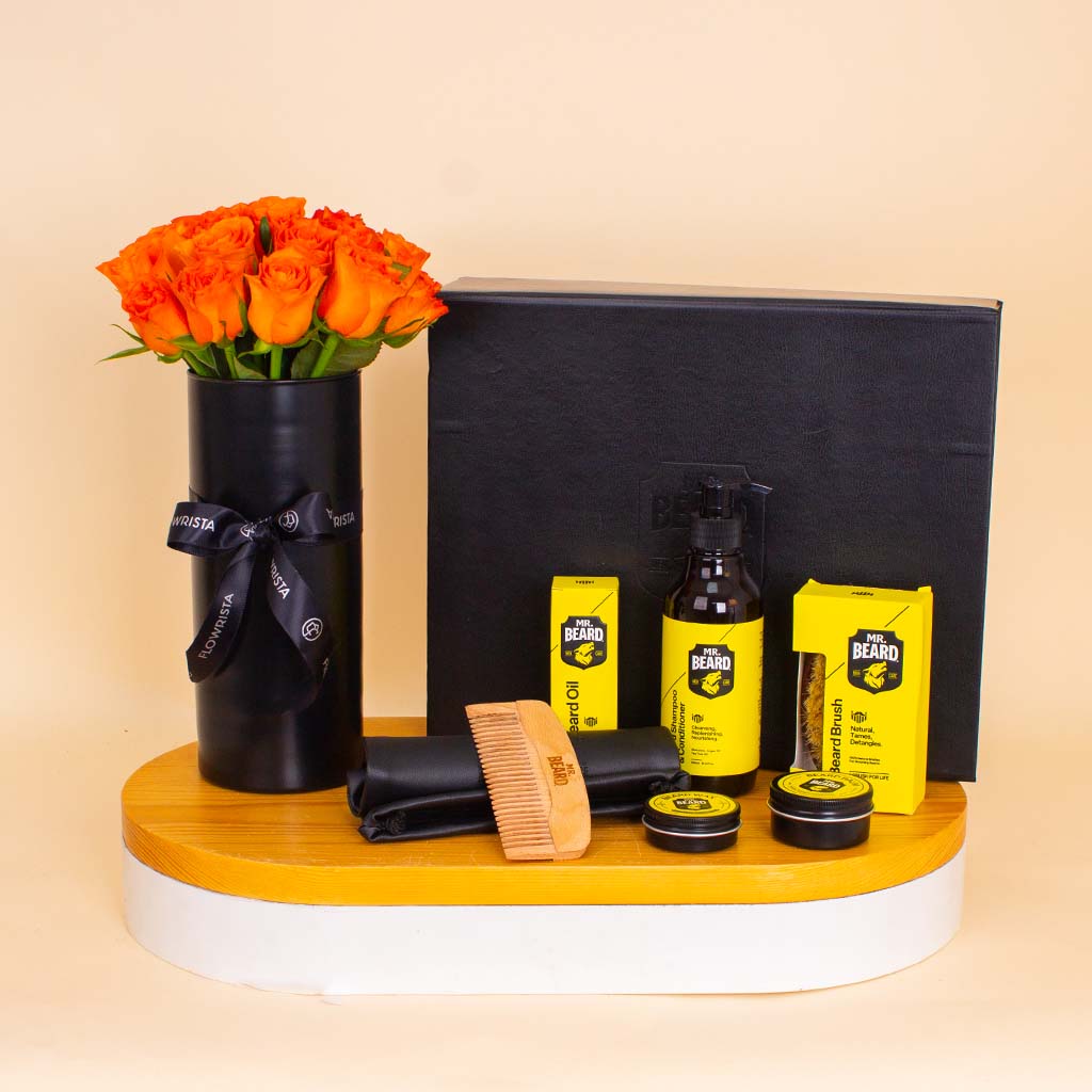 Flowrista Online Flowers Shop The Master’s Beard Kit – Premium Gift Edition & Orange Roses Vase