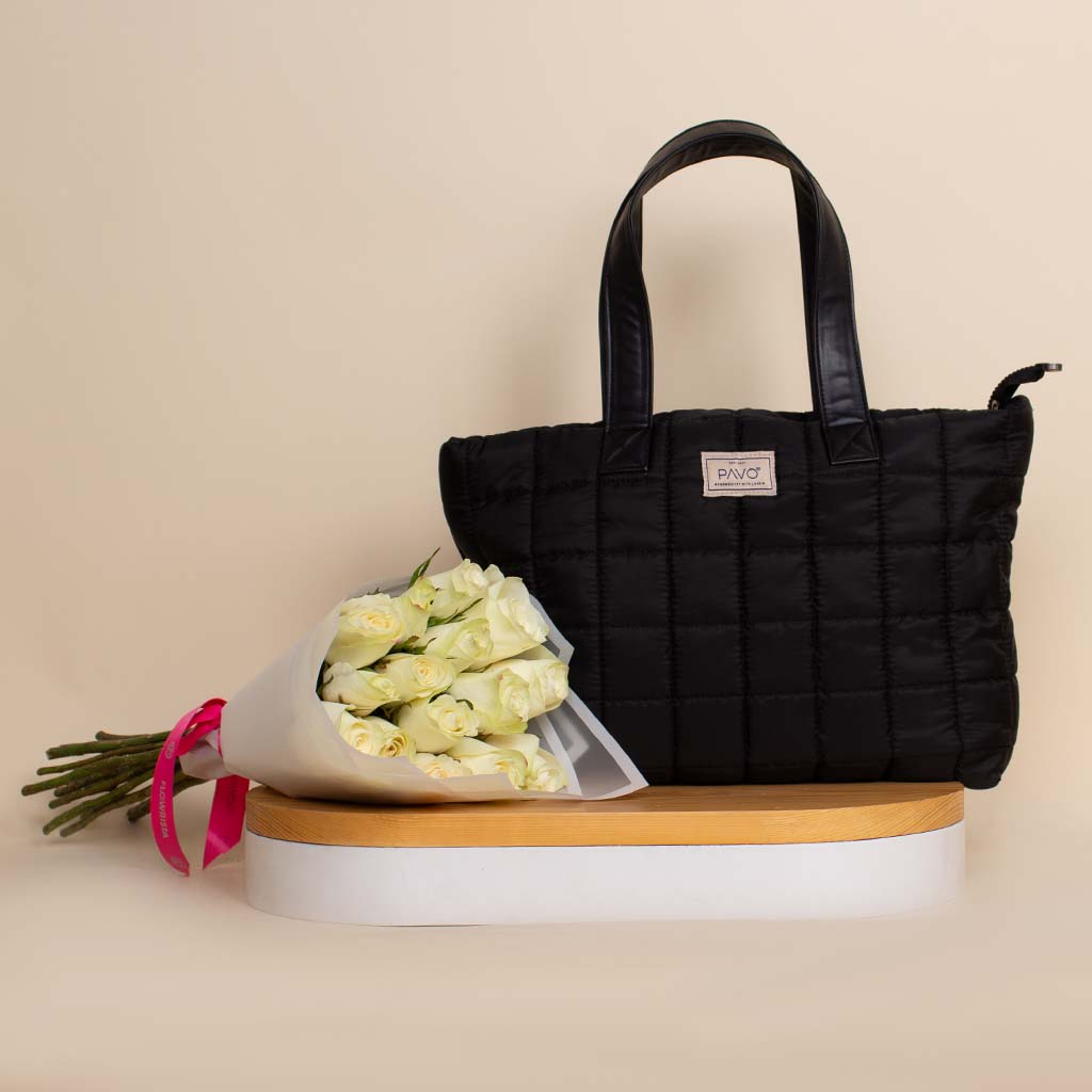 product-image-Pavo Black Tote Bag Handbag And Bouquet of 15 Rose