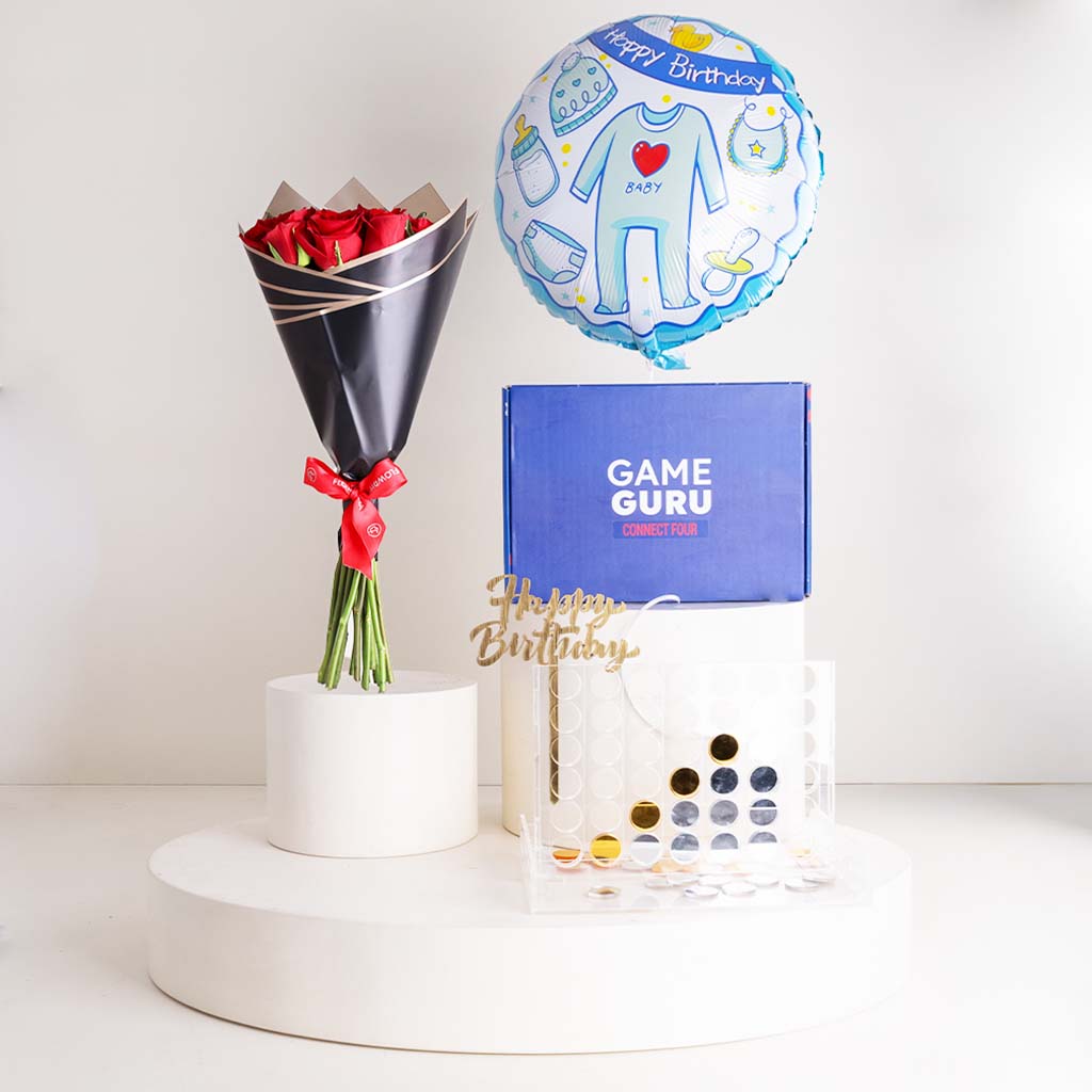 product-image-Baby Boy Celebration Bundle Helium Balloon, Connect 4 Game & Red Roses