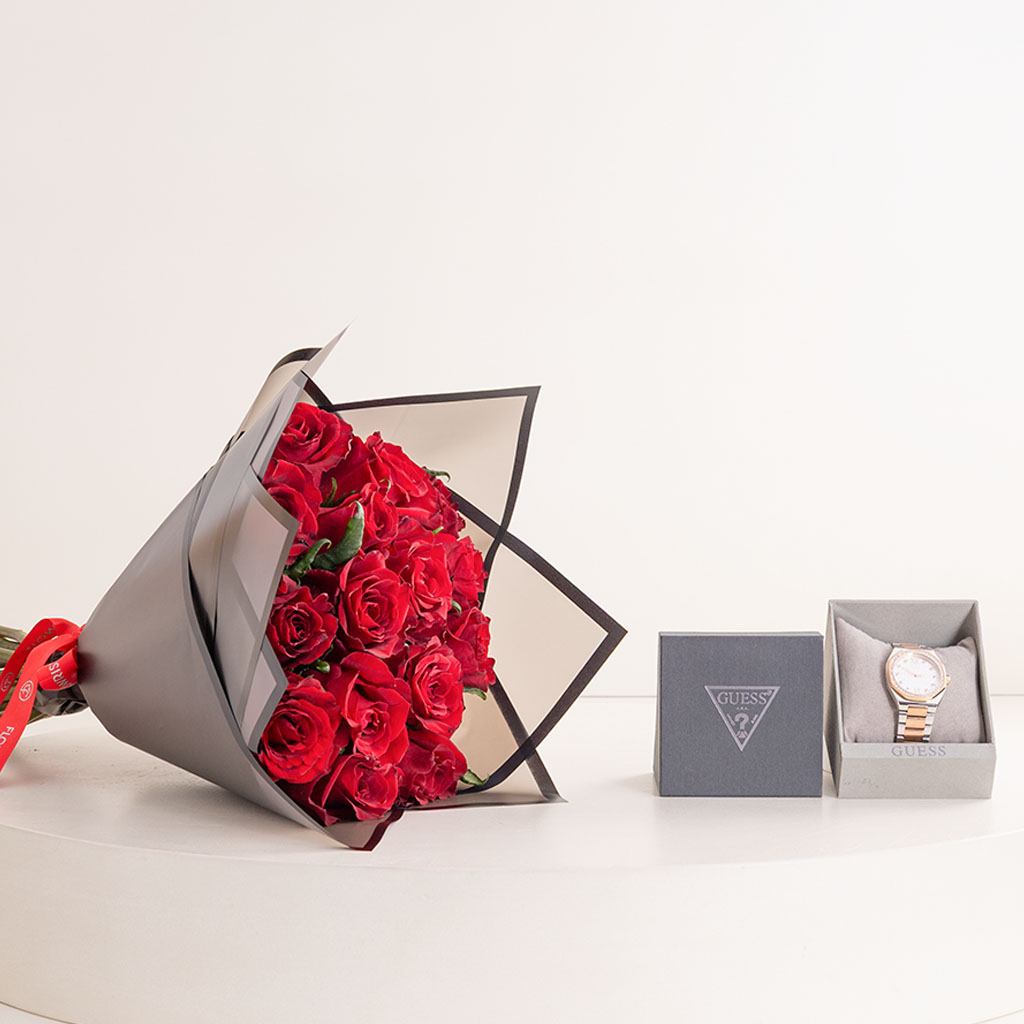 product-image-Gc Coussin Sleek Lady Mid Size Metal Watch & Red Roses Bouquet