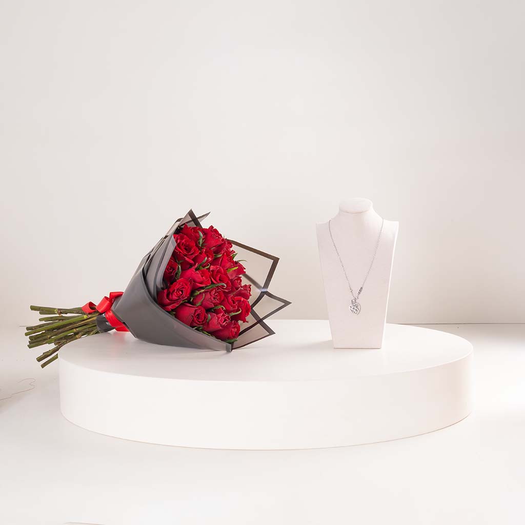 product-image-GUESS Stainless Steel Heart Caged Necklace & Red Roses Bouquet