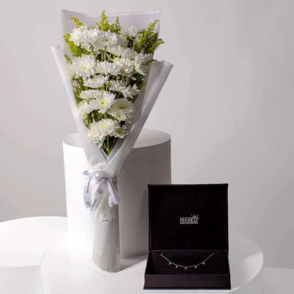 product-image-Markiz Rhodium Opal Necklace & 10 White Chrysanthemum Bouquet