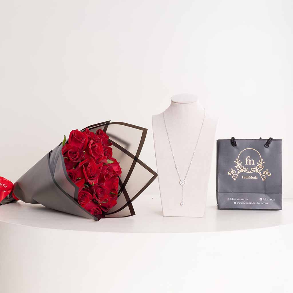 product-image-Felizmoda Silver Zircon Necklace & Red Roses Bouquet