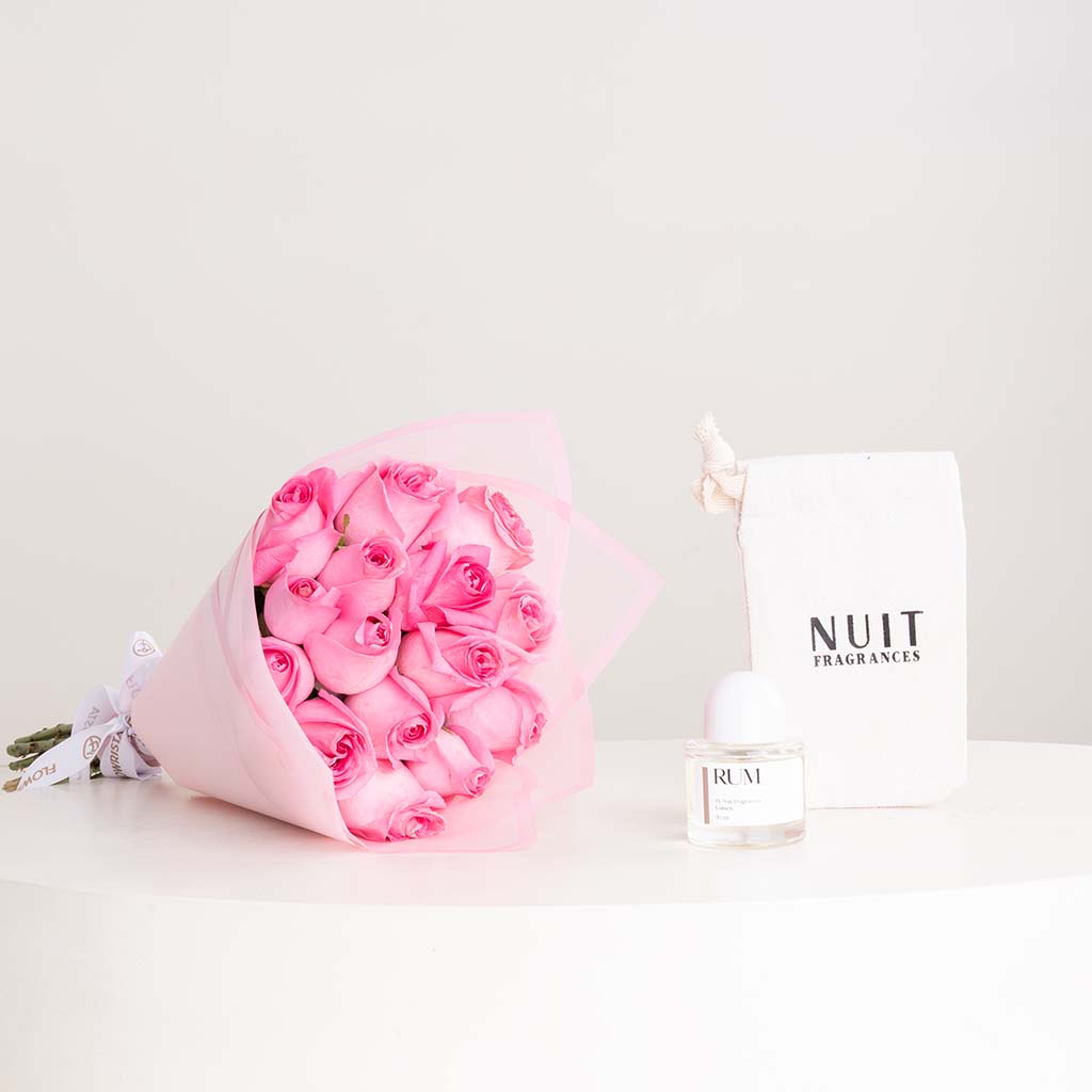 Flowrista Online Flowers Shop Nuit Fragrances Rum 50ml & Pink Roses Bouquet