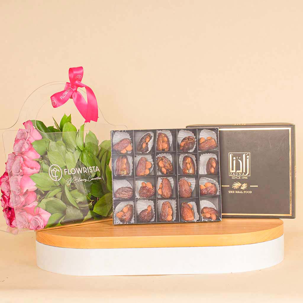 Flowrista Online Flowers Shop Zadna Special almond dates 20 pieces And Deep Purble Bag